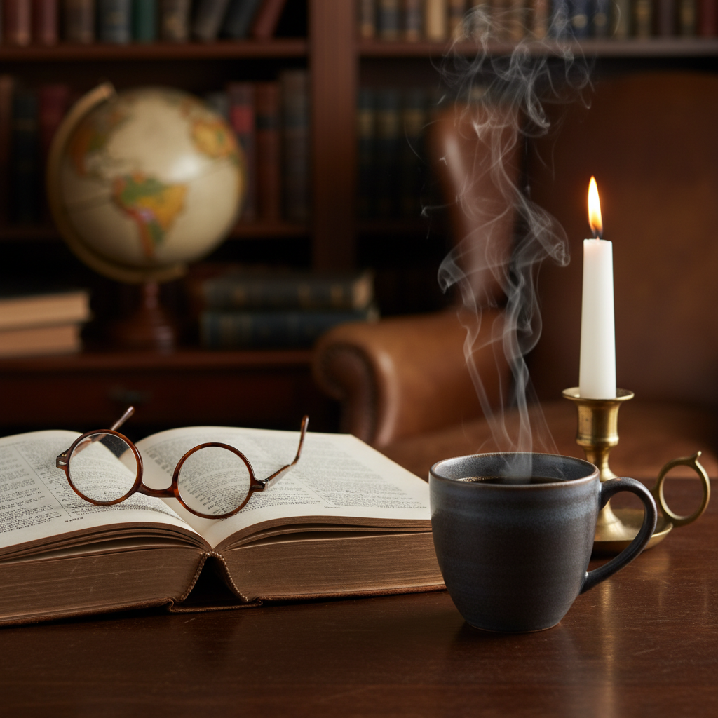 A close-up shot of an open leather-bound philosophy book on a dark oak desk, accompanied by vintage round glasses, a steaming ceramic cup of coffee, and a single lit candle providing warm atmospheric lighting in a study room setting.