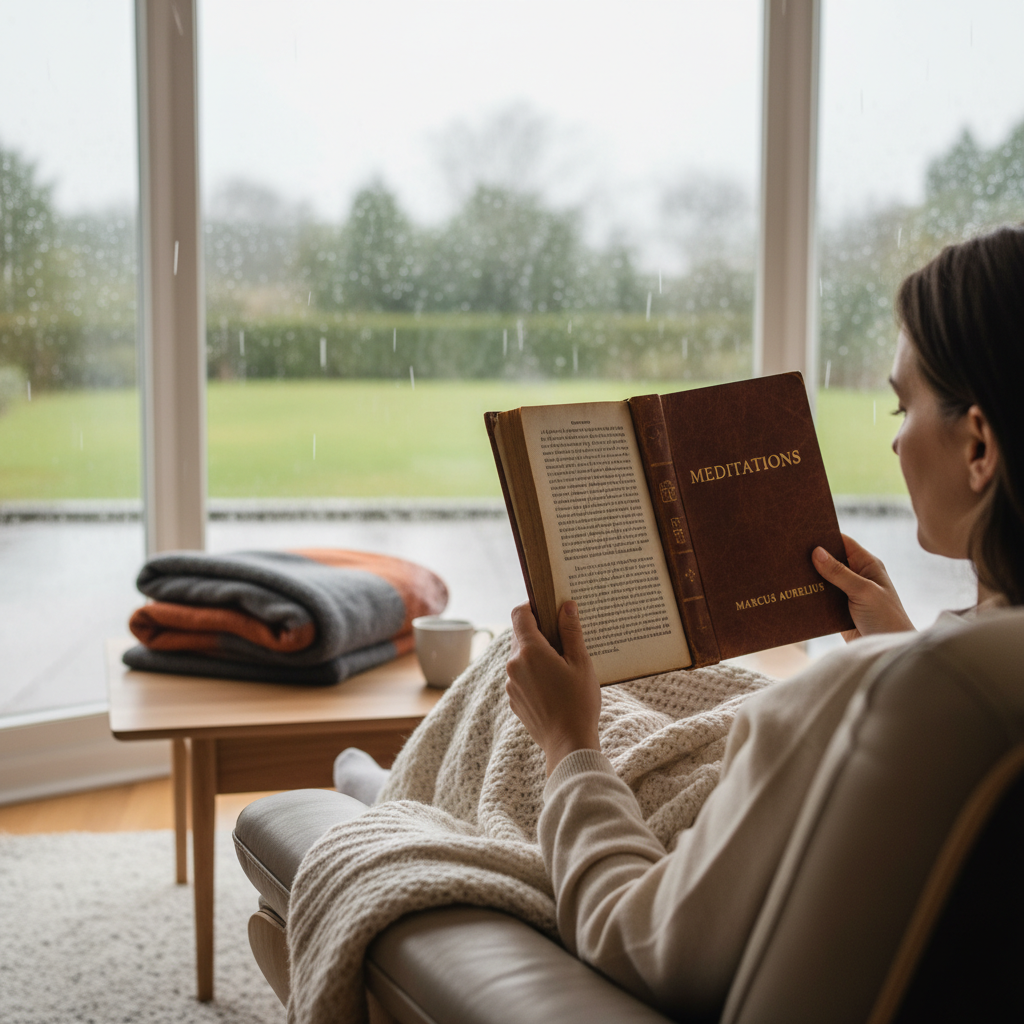 A serene image of a person reading a book titled 'Meditations' by Marcus Aurelius near a large window during a rainy afternoon, with soft natural light highlighting the texture of the pages and a cozy wool blanket in the background.