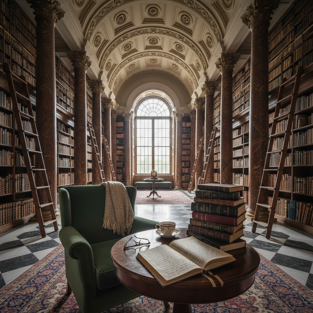 A wide-angle view of a grand classical library with high ceilings and wooden ladders, focusing on a quiet reading nook where a stack of books and a notebook with handwritten philosophical reflections lie on a small table.