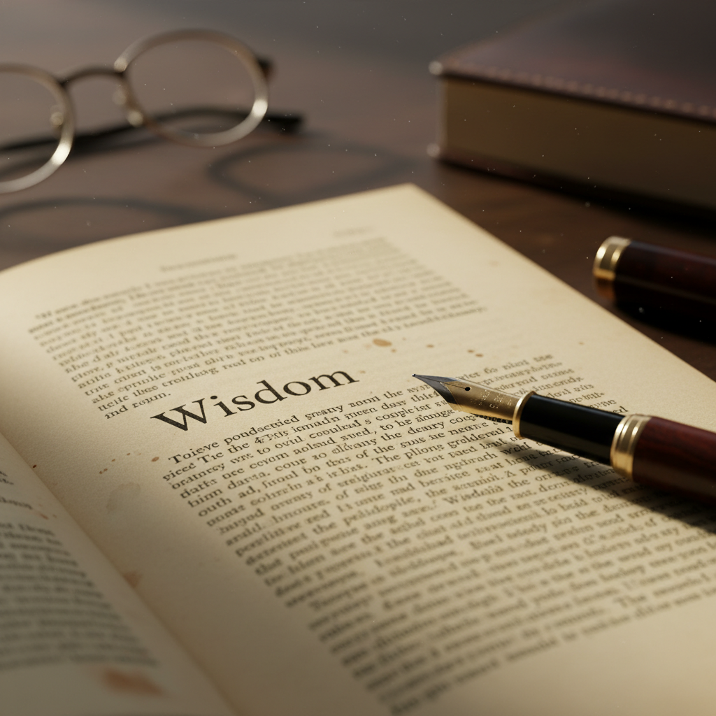 A detailed macro photograph of an old yellowed page from a philosophy book, with sharp focus on the word 'Wisdom' and a fountain pen resting on the margin, capturing the vintage texture and scholarly atmosphere.