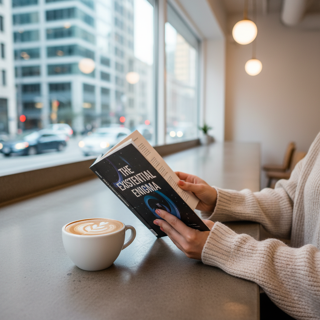 A modern lifestyle photo showing a person's hands holding an open book about existentialism at a minimalist cafe, with a latte featuring intricate art and a blurred urban street view through the window.